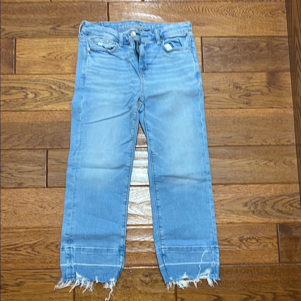 American Eagle Outfitters Blue Ankle Cropped Jeans with Frayed Hem
